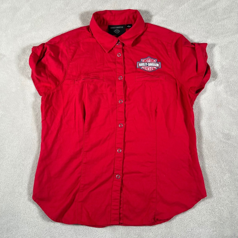 Harley Davidson Work Shirt Women's Size Large Red Short Sleeve Snap Front Logo